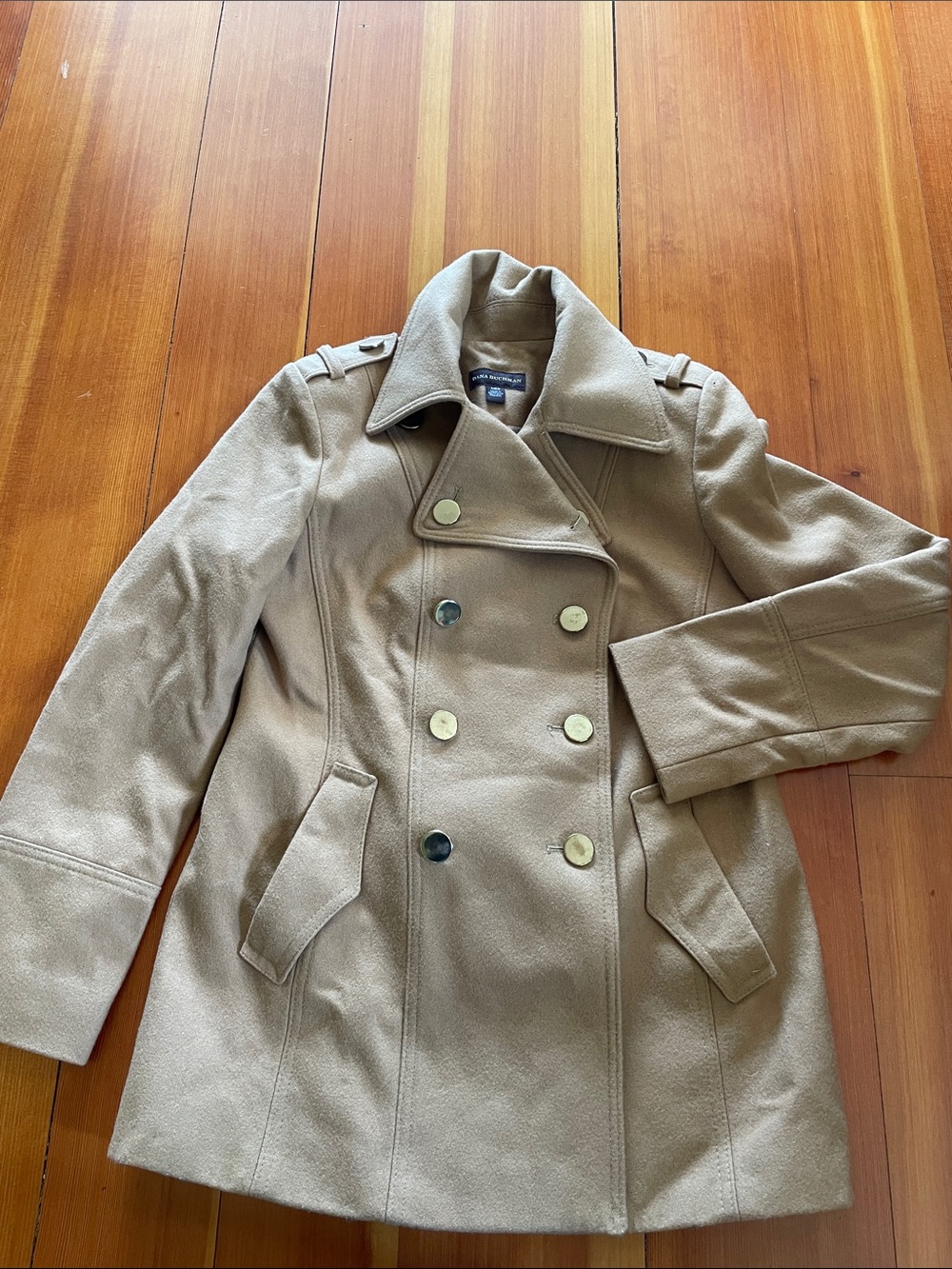 Dana Buchman Camel Coat with Gold Logo Label